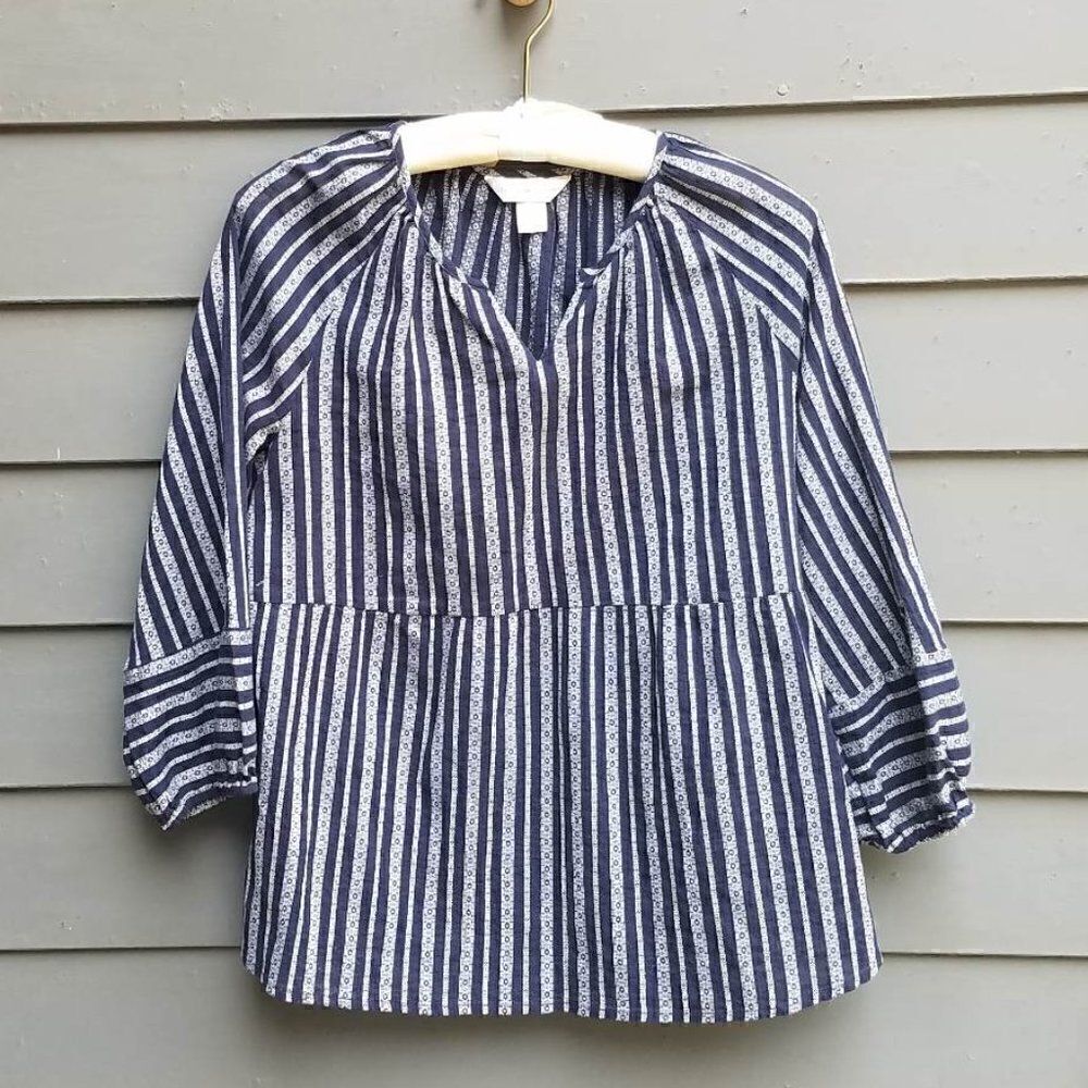 Christopher & Banks 3/4 Sleeve Blue Stripe Pop Over Size Large